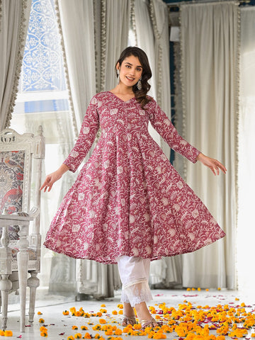 Varanga Women Mauve Floral Printed Full Sleeves Anarkali Kurta With Flared Hem Js Vkur1167